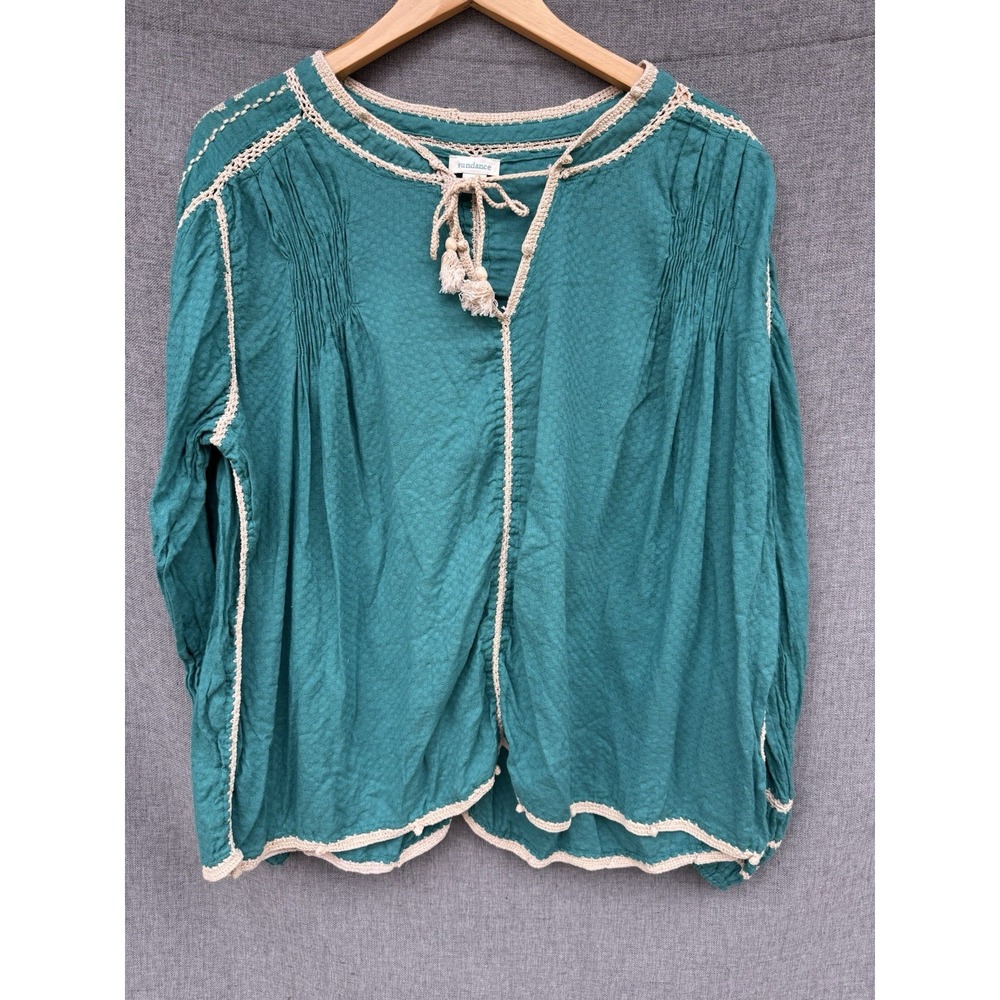 Sundance Top PXL Teal Blue Green Embroidered Boho‎ Peasant Blouse Tassel